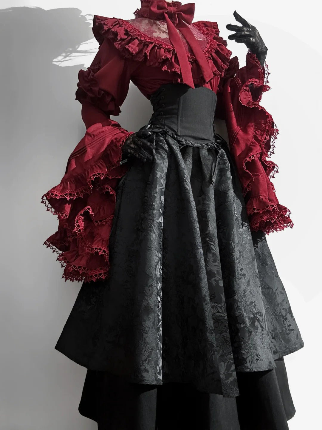 Gothic Lolita Black and Red Long Dress Shirt Sleeve Skirt+Top Set for Christmas