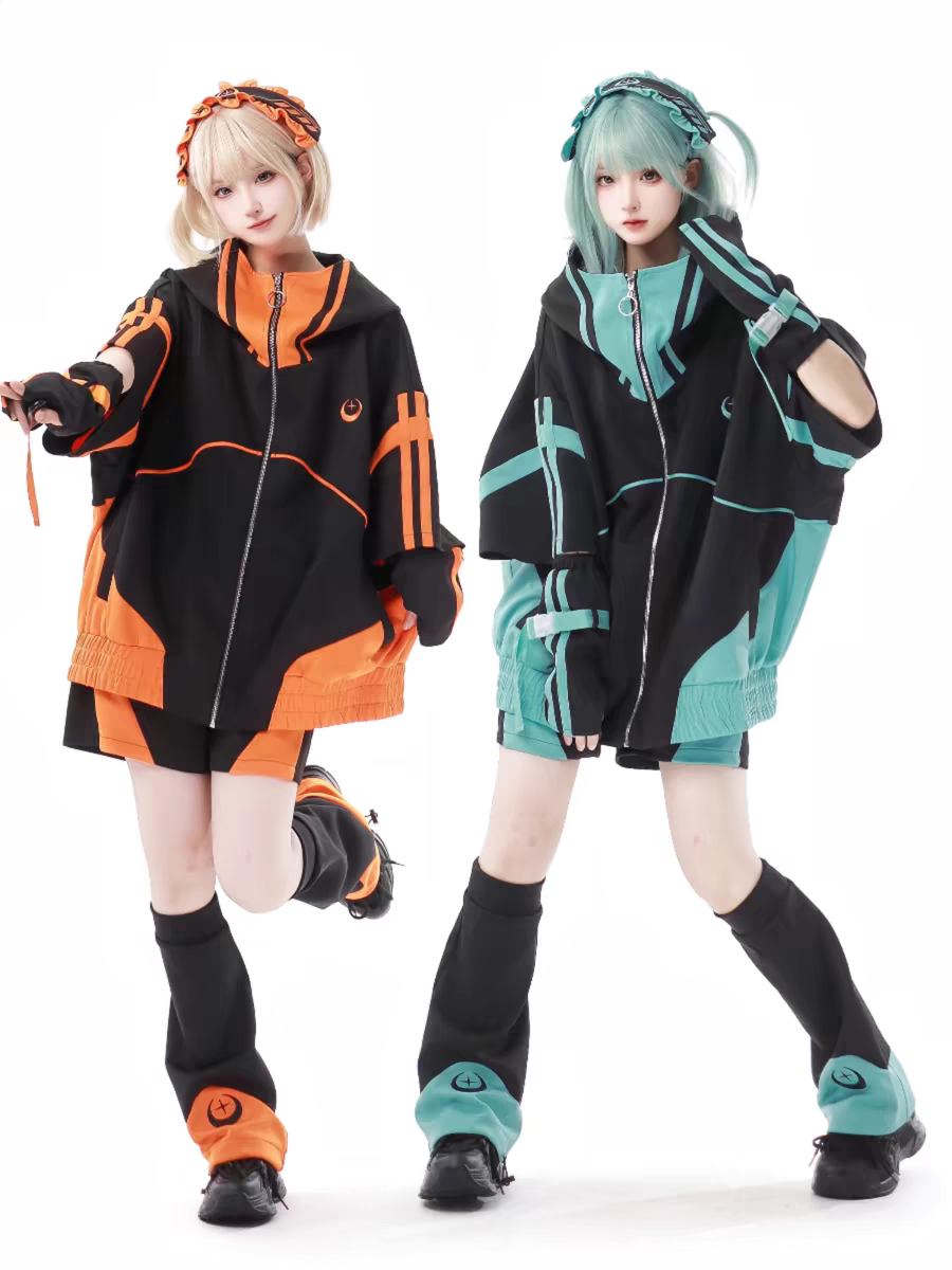 Gothic Lolita Jirai Kei Cyberpunk Set Green Hoodie Oversized Streetwear Outfit 2 Colors