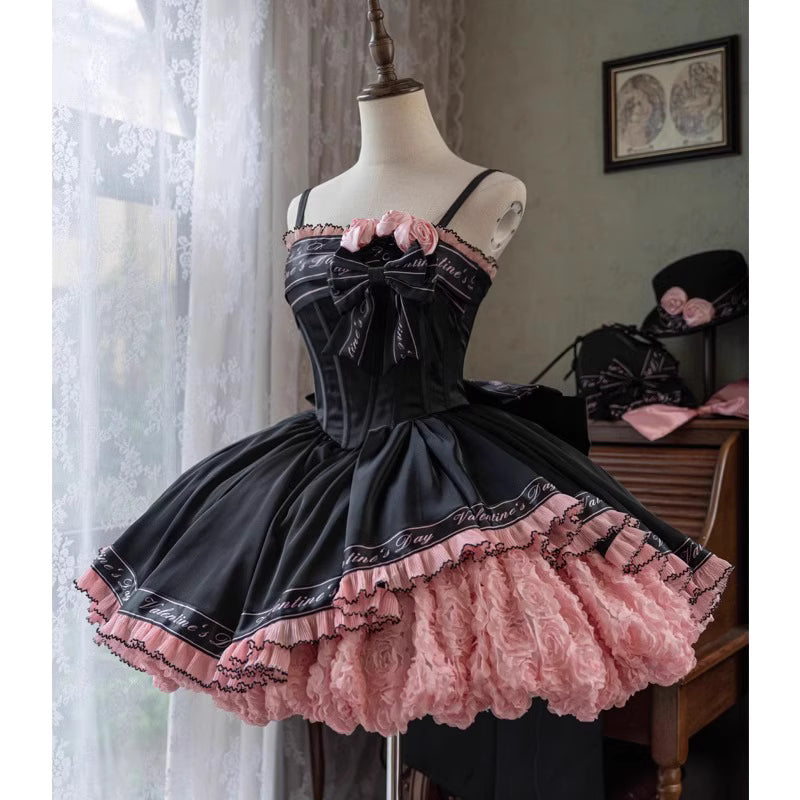 Sweet Lolita Black Pink Princess Ball Gown Ballet Short Strap Dress for Party