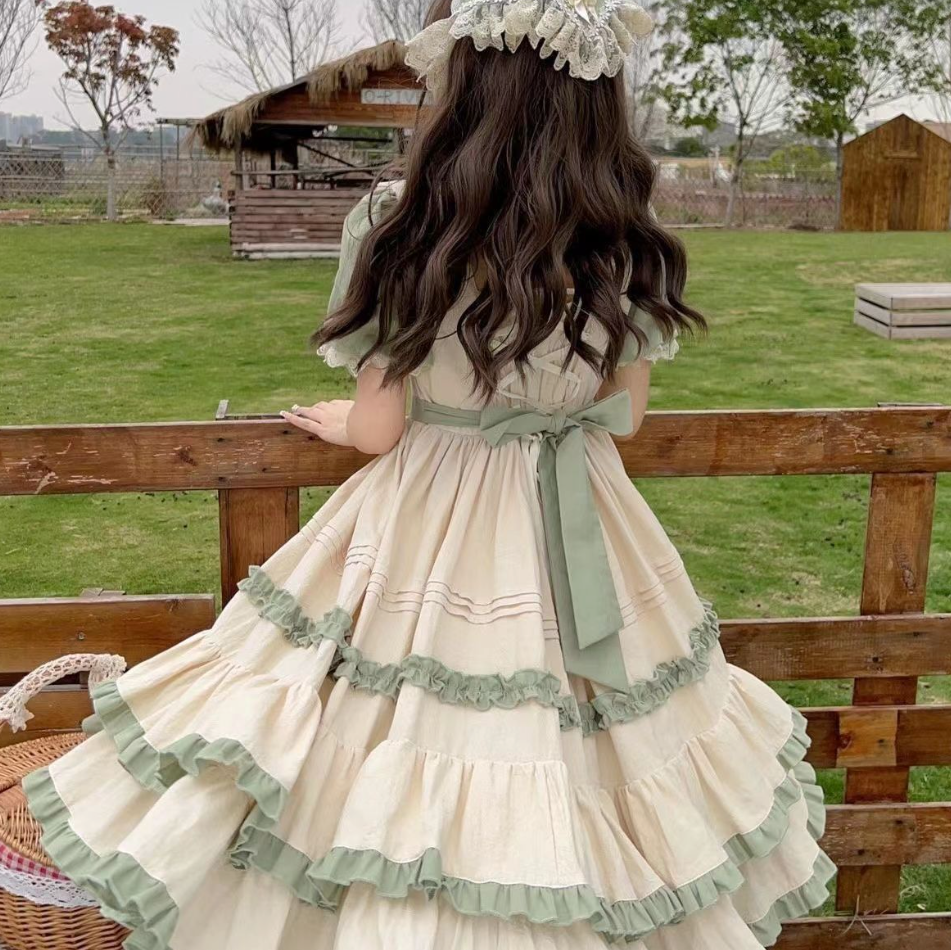 Sweet Lolita Maid Green Forest Ruffle Country Style Long Cake Layer Dress Daily