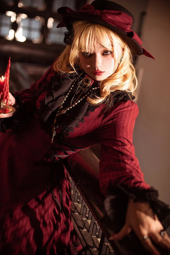 Goth Lolita Classic Vintage Dress Victorian Black Red Maxi Dresses