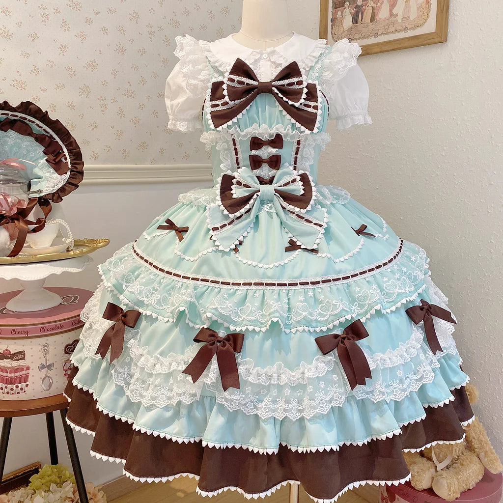 Hime Lolita Sweet Mint Chocolate Layer Trimmed Dress Cake Dress for Tea Party