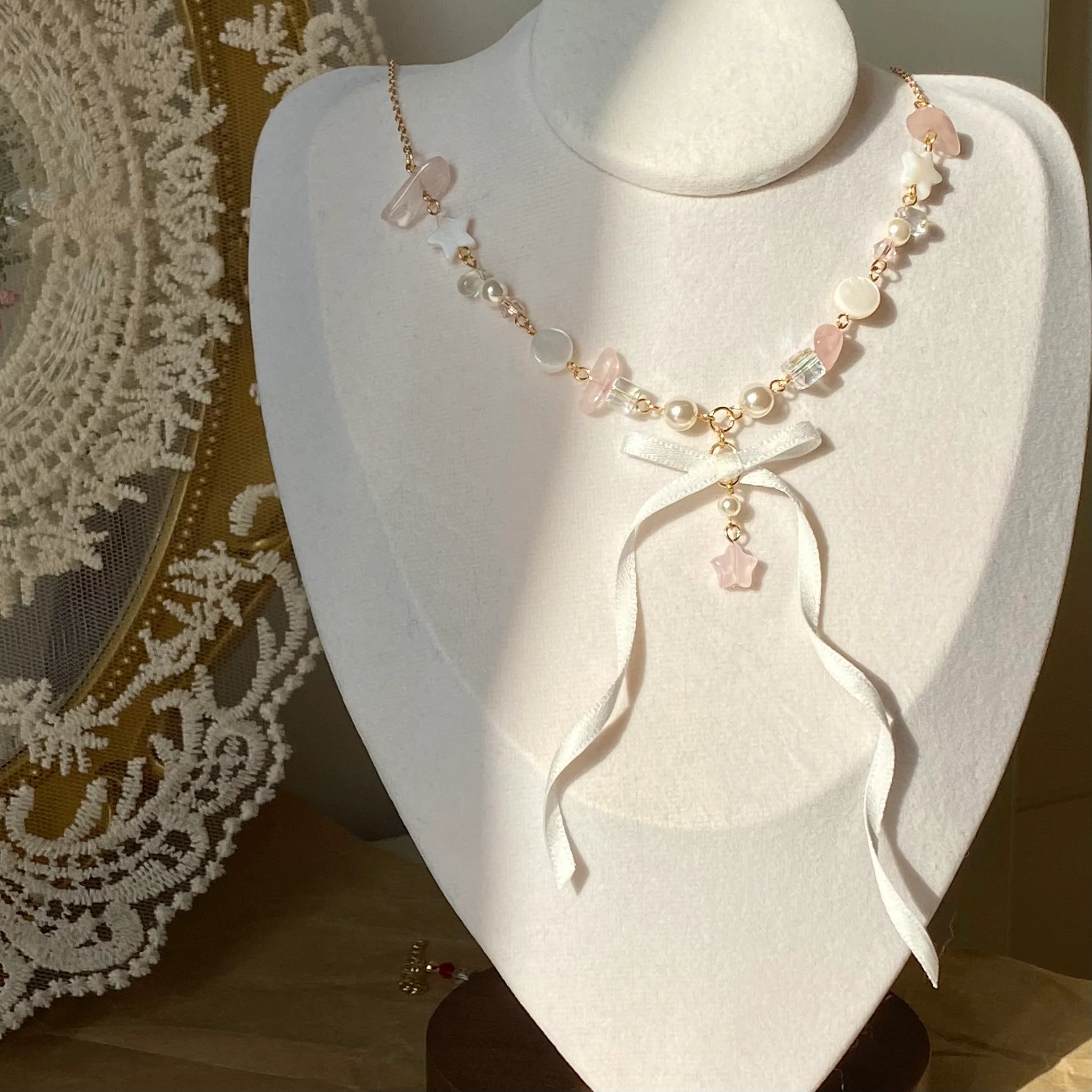 Lolita Accessories Ballet Style Pearl with Bow Exquisite Necklace Pentagram