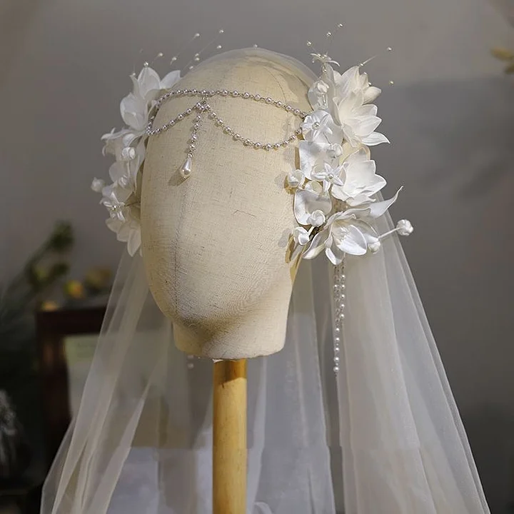 Lolita Accessories French Vintage Gardenia Flower Pearl Chain Hairpin for Wedding