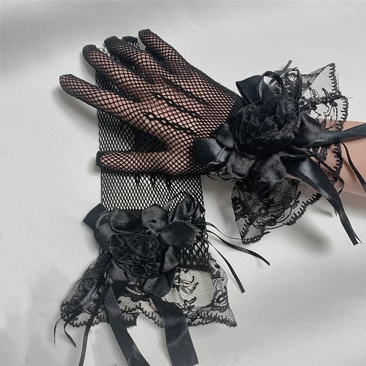 Lolita Accessories Gothic Black Dark Rose Vintage  Mesh Lace Gloves for Halloween