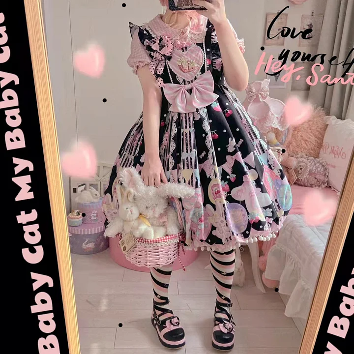 Sweet Lolita Black Cartoon Printing Patterns Sweetheart Dress 2 Colors