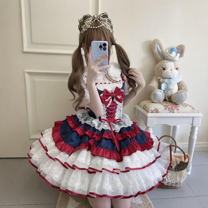 Sweet Lolita Pink Cute Short Princess Lace Dress Puff Spring