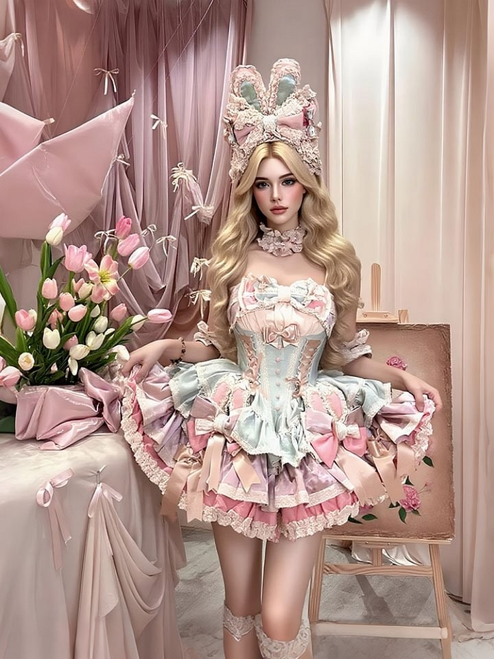 Sweet Lolita Ribbon Ballet Style Bunny Ears Cake Dress Pink-green Ruffles