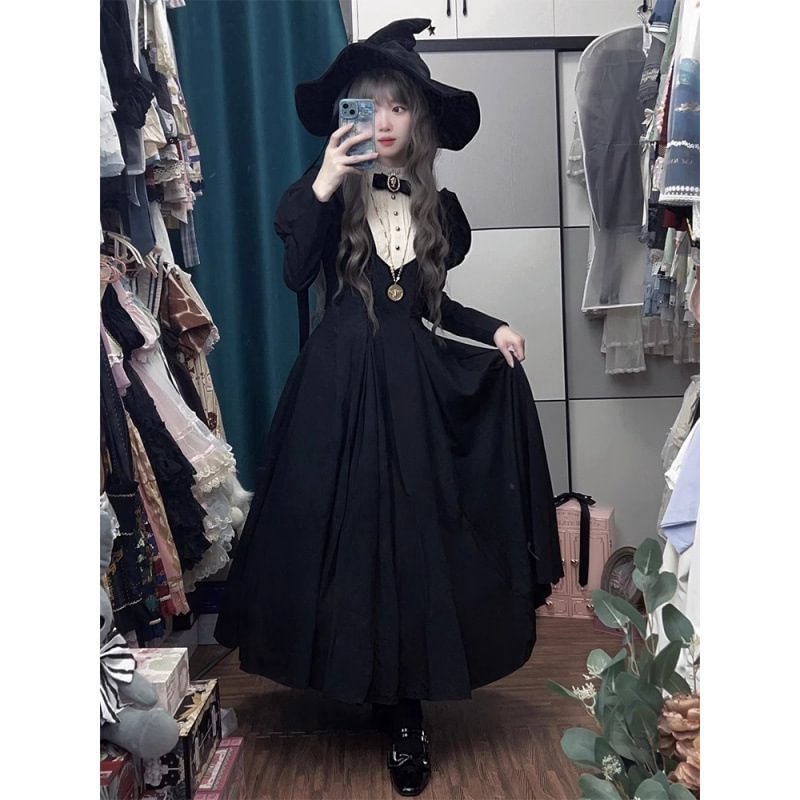 Classic Lolita Black Bubble Long Sleeve Back-to-school Dress Autumn for Halloween