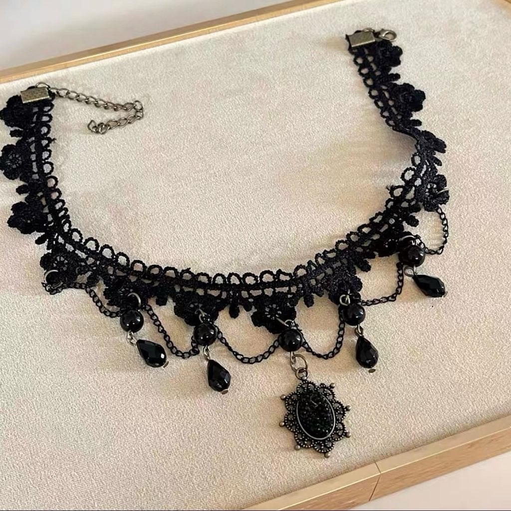 Gothic Lolita Dark Black Lace Necklace Chain Choker  for Halloween