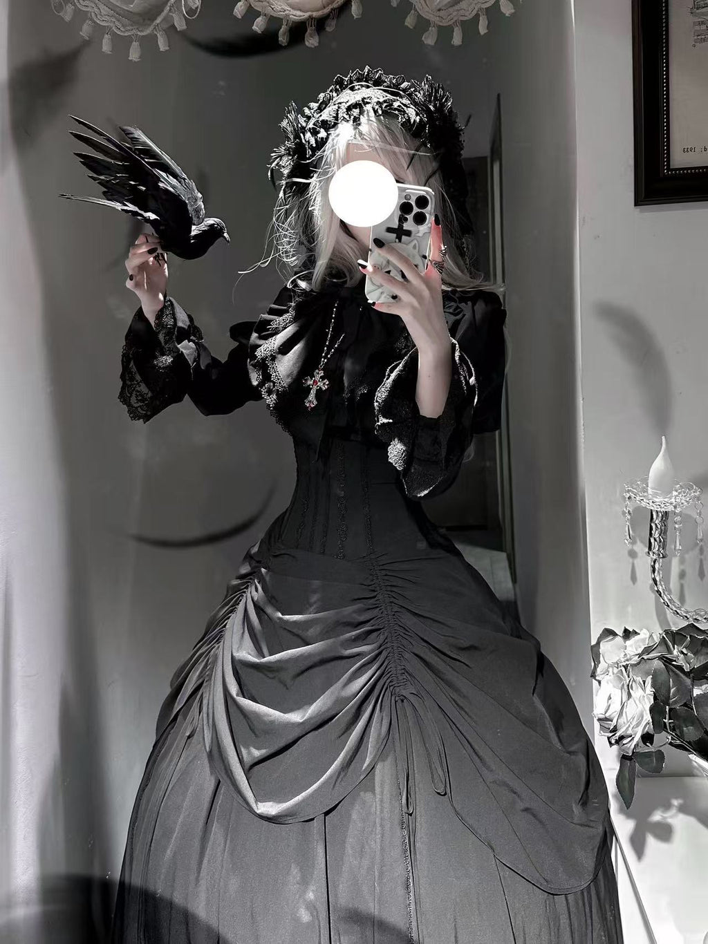 Goth Lolita Black Dark Witch Waist-Cinched Dress for Halloween Autumn