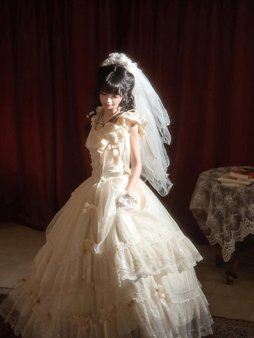 Hime Lolita Ivory White Camellia Moonlight Ruffled Ball Gown for Party Wedding