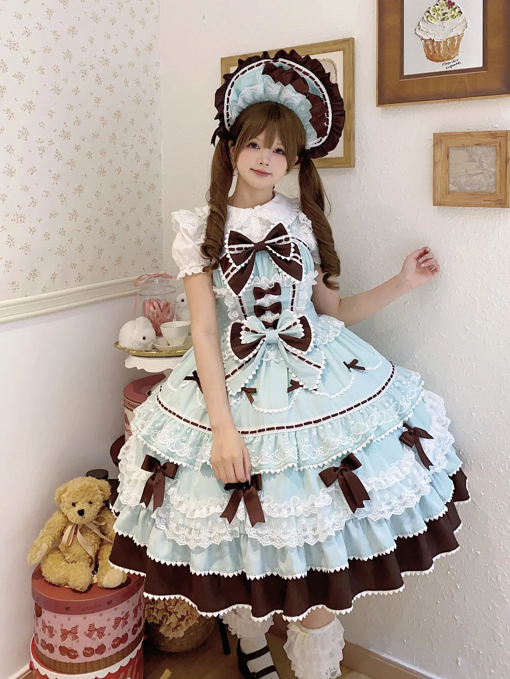 Hime Lolita Sweet Mint Chocolate Layer Trimmed Dress Cake Dress for Tea Party