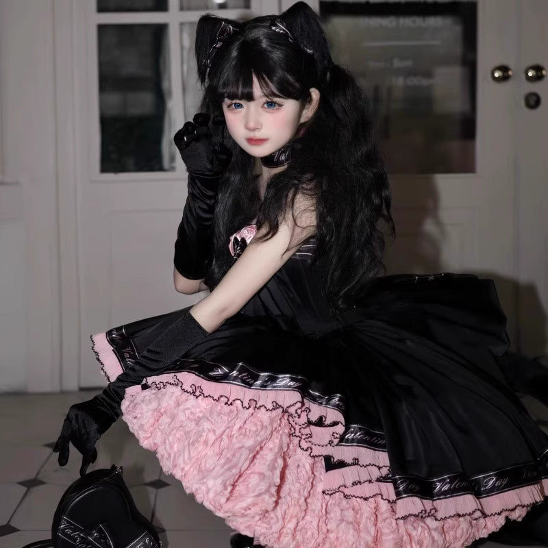 Sweet Lolita Black Pink Princess Ball Gown Ballet Short Strap Dress for Party
