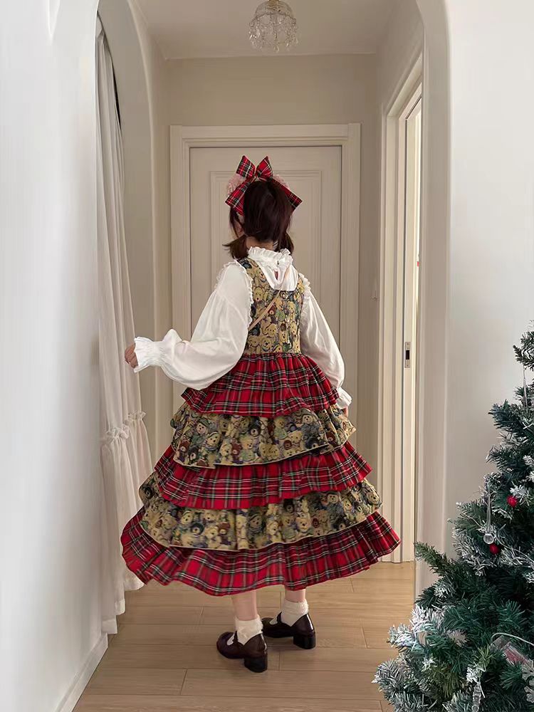 Sweet Lolita Japanese Retro Red Plaid Skirt Fall Winter Cake Skirt for Christmas