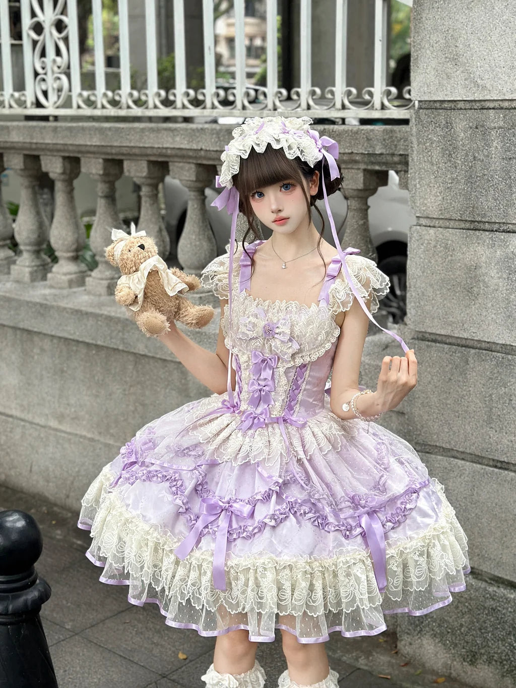 Sweet Lolita Lavender Purple Lace Layer Accented Cake Dress