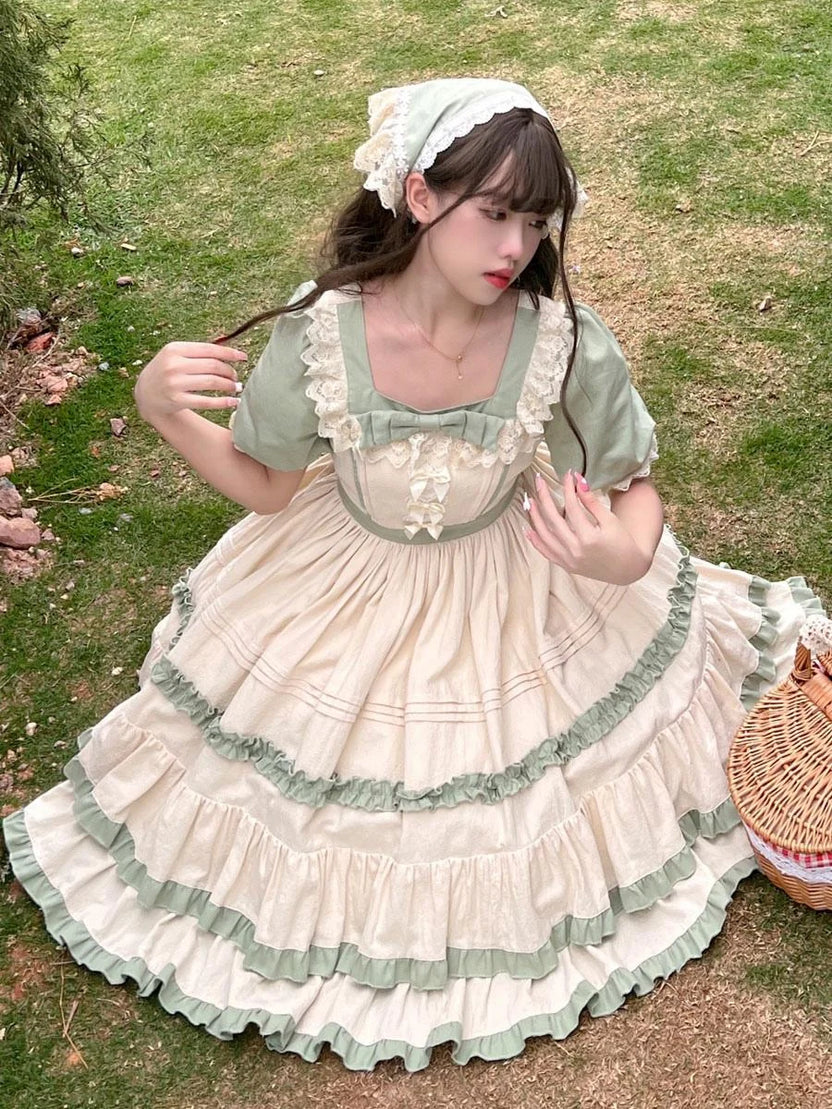 Sweet Lolita Maid Green Forest Ruffle Country Style Long Cake Layer Dress Daily
