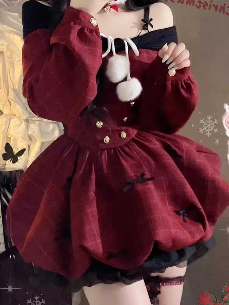 Sweet Lolita Red Off-Shoulder Long Sleeve Flared Dress Winter for Christmas