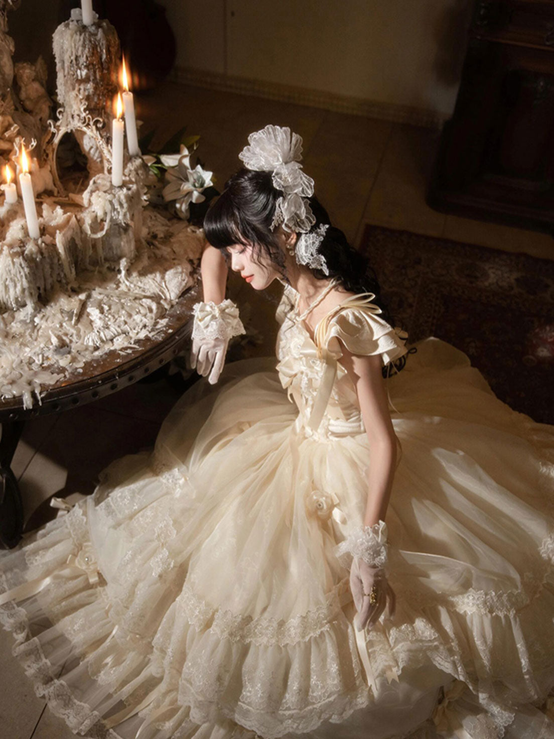 Hime Lolita Ivory White Camellia Moonlight Ruffled Ball Gown for Party Wedding