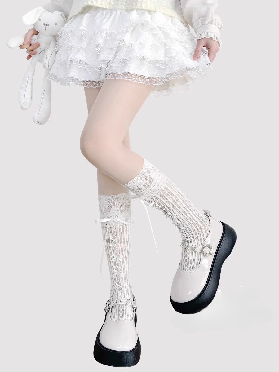 Lolita Accessories White Ballet Stockings Mary Janes Mid Calf Bow Socks 3 Colors