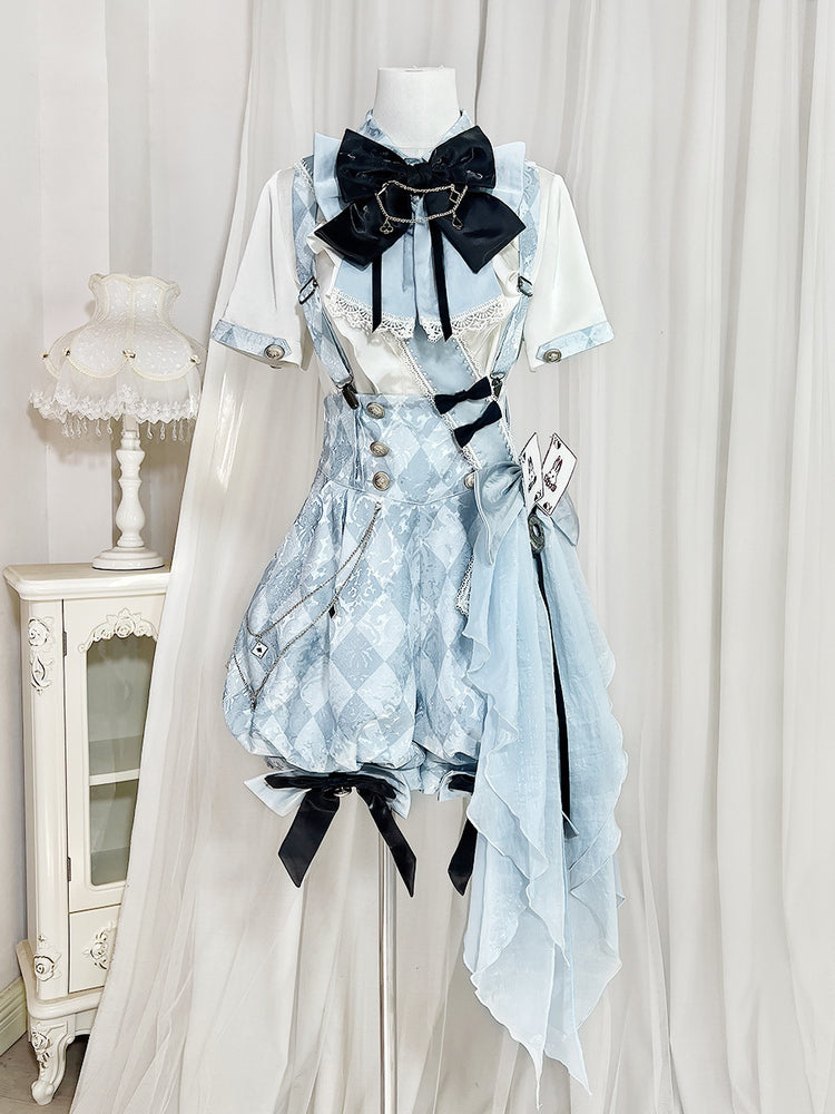 Ouji Fashion Cool Prince Outfit Light Blue Ruffled Suspender Shorts Bow Top