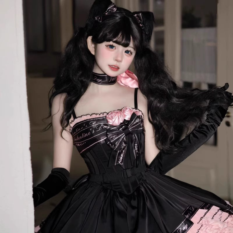 Sweet Lolita Black Pink Princess Ball Gown Ballet Short Strap Dress for Party