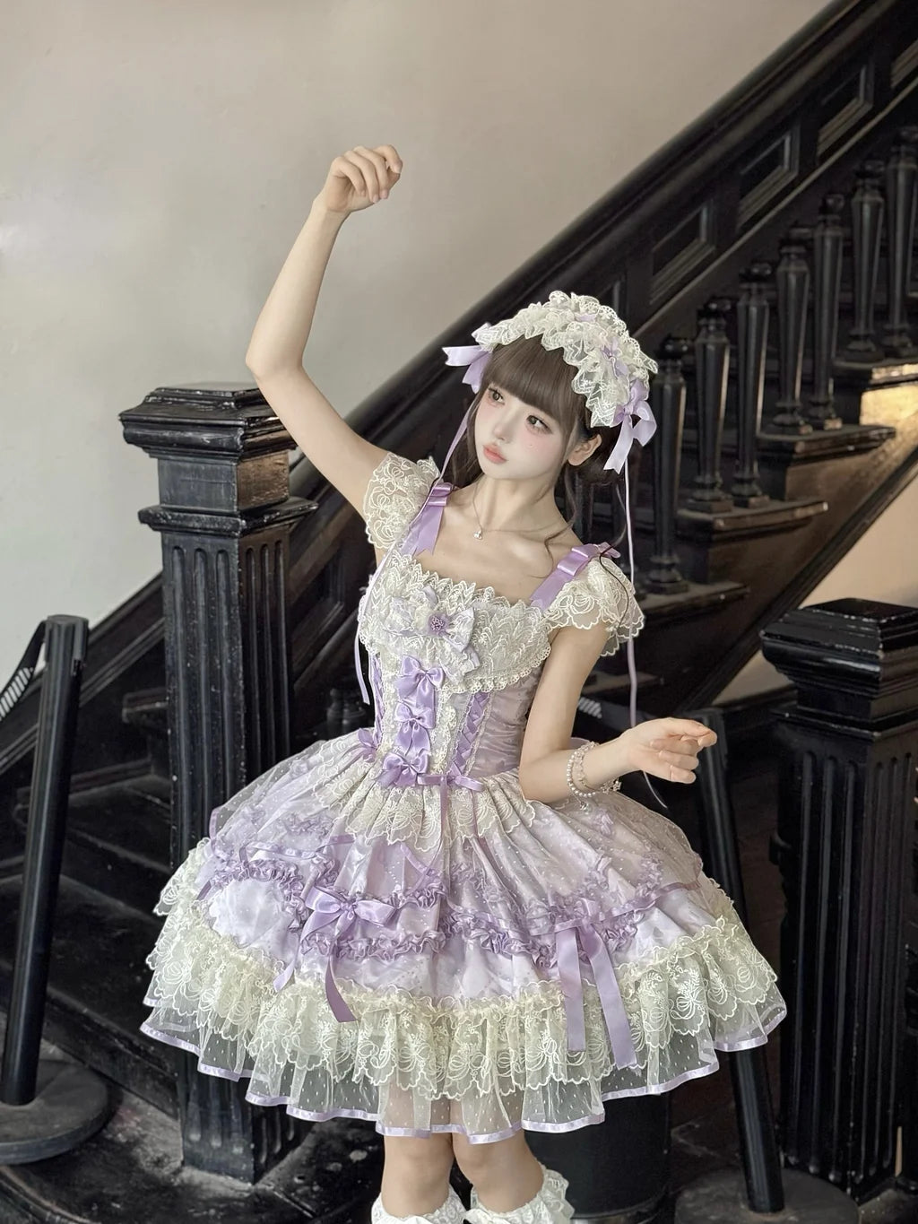 Sweet Lolita Lavender Purple Lace Layer Accented Cake Dress