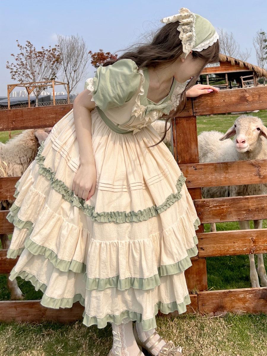 Sweet Lolita Maid Green Forest Ruffle Country Style Long Cake Layer Dress Daily