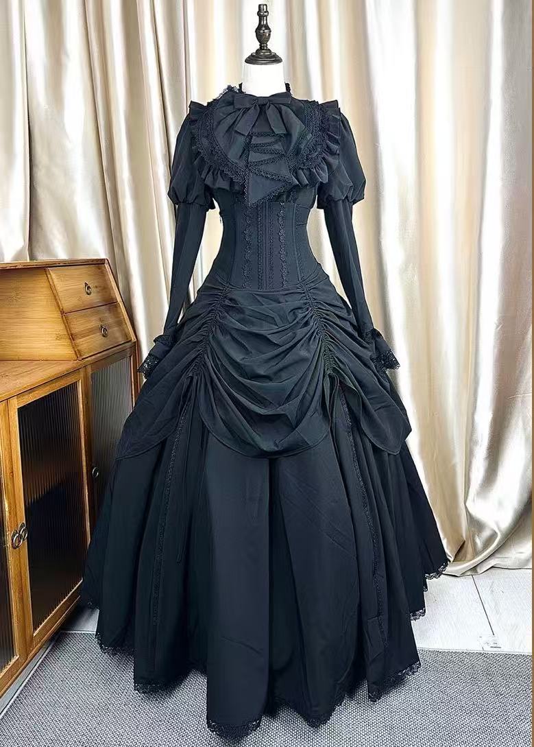 Goth Lolita Black Dark Witch Waist-Cinched Dress for Halloween Autumn