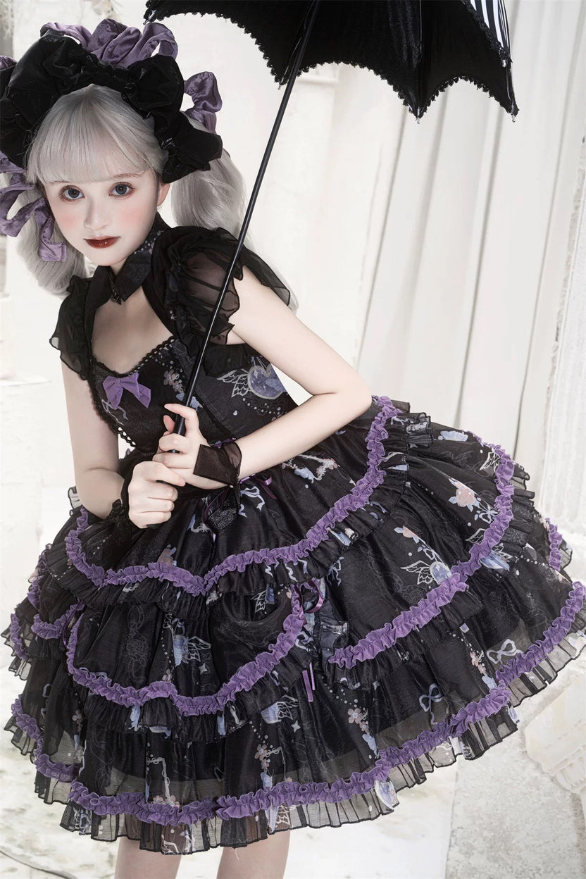 Gothic Lolita Purple Princess Black Ruffle Lace with Bow Cake Dress