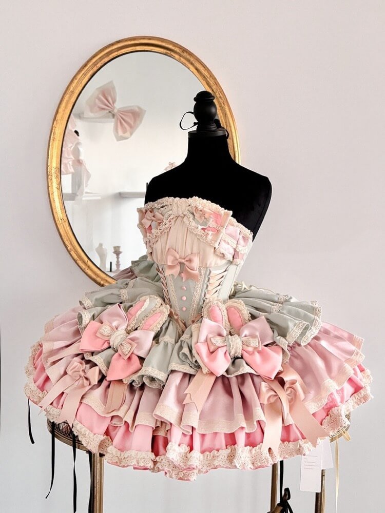Sweet Lolita Ribbon Ballet Style Bunny Ears Cake Dress Pink-green Ruffles