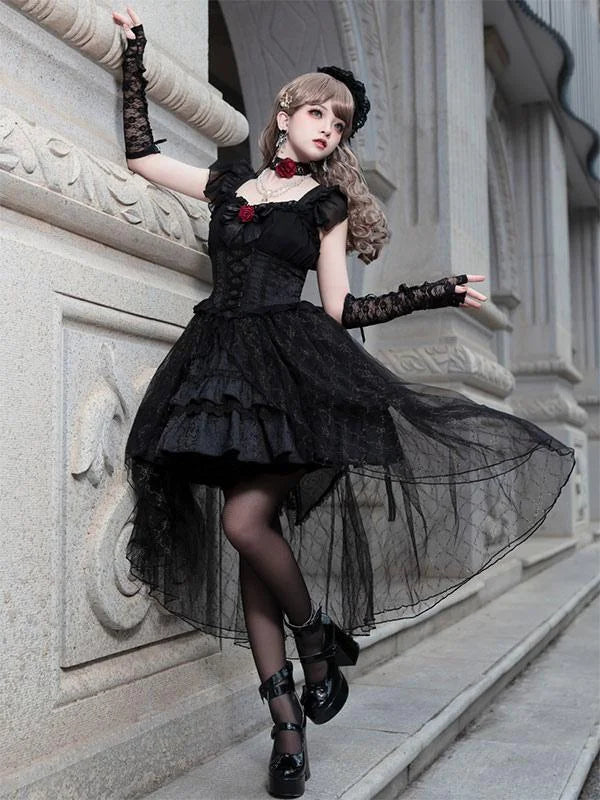 Gothic Lolita Ball Gown Black Rose Jacquard with Ribbon Lace Bow