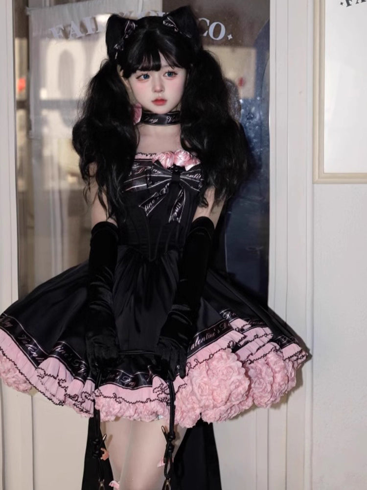 Sweet Lolita Black Pink Princess Ball Gown Ballet Short Strap Dress for Party