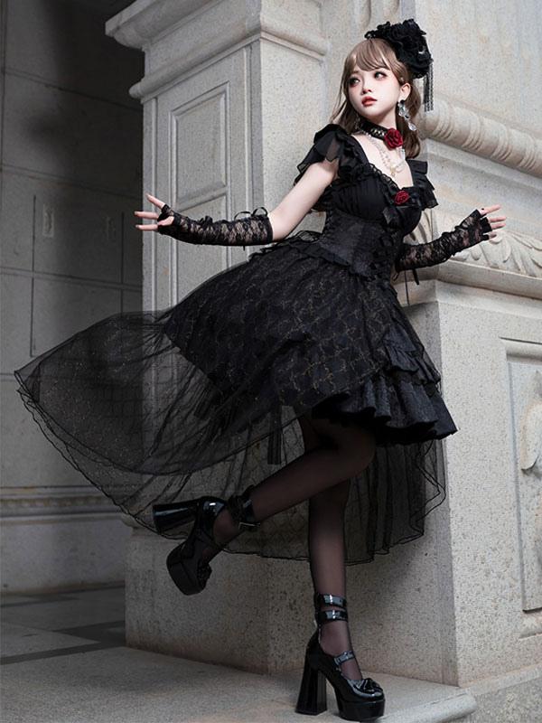 Gothic Lolita Ball Gown Black Rose Jacquard with Ribbon Lace Bow