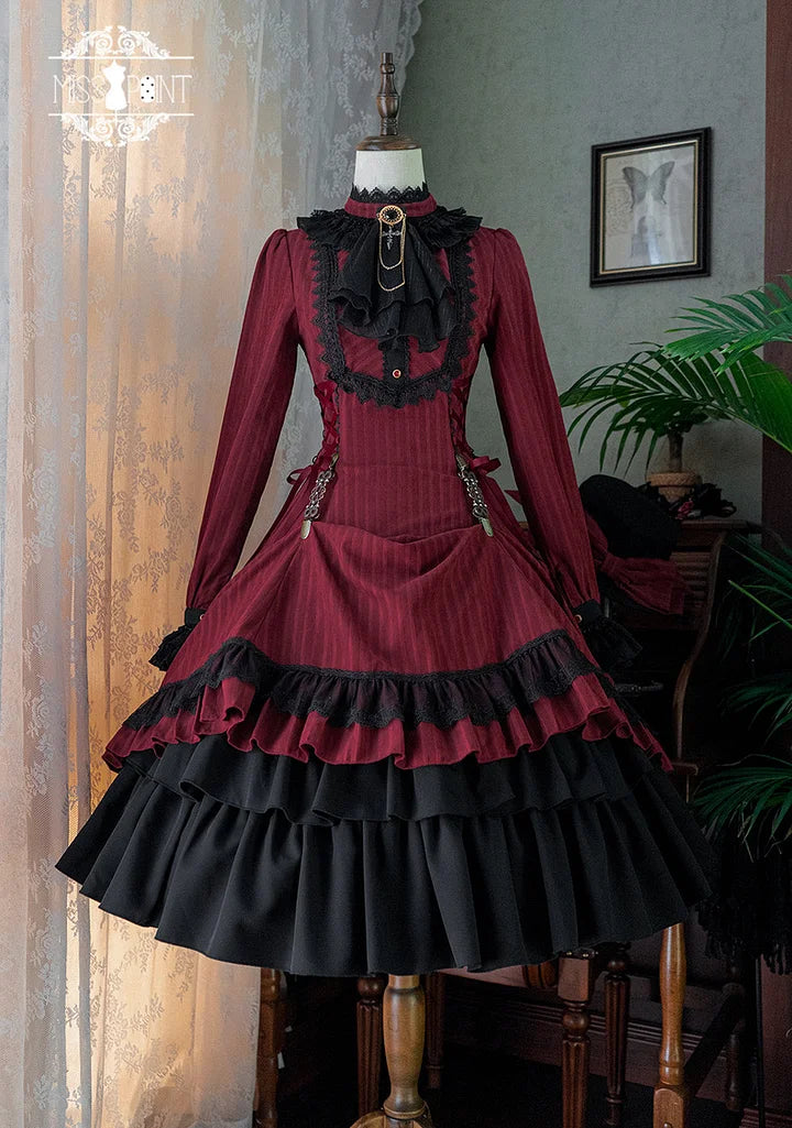 Goth Lolita Classic Vintage Dress Victorian Black Red Maxi Dresses
