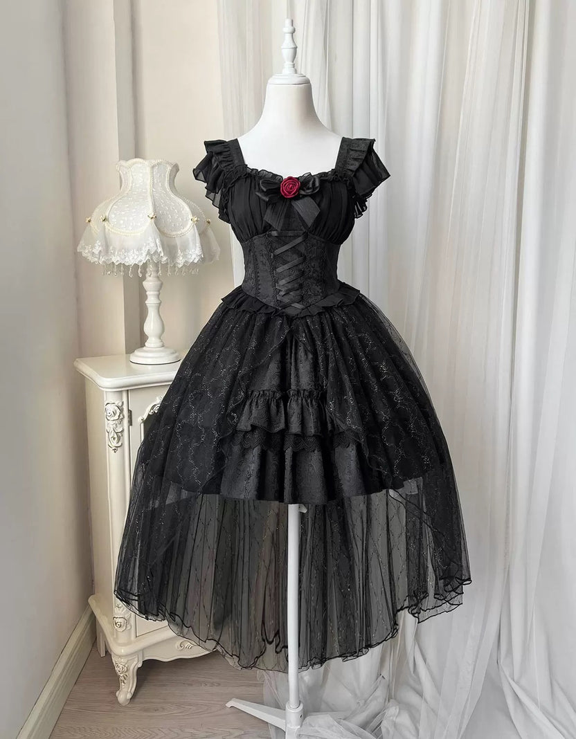 Gothic Lolita Ball Gown Black Rose Jacquard with Ribbon Lace Bow
