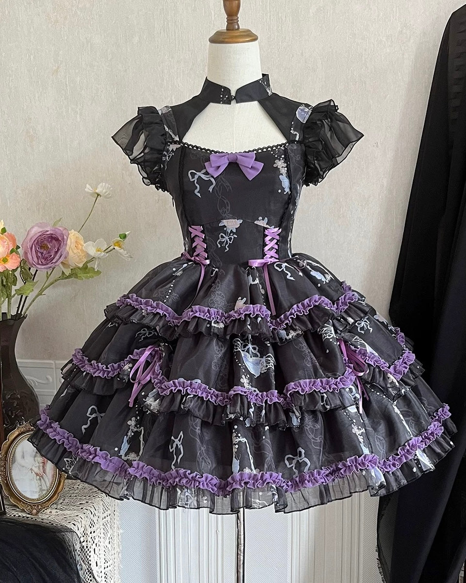 Gothic Lolita Purple Princess Black Ruffle Lace with Bow Cake Dress