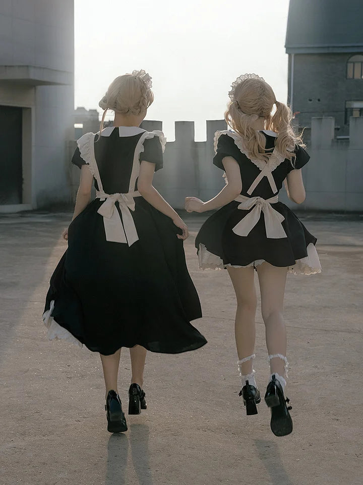 Classic Lolita Maid Black Pleated Bow Dresses with Apron