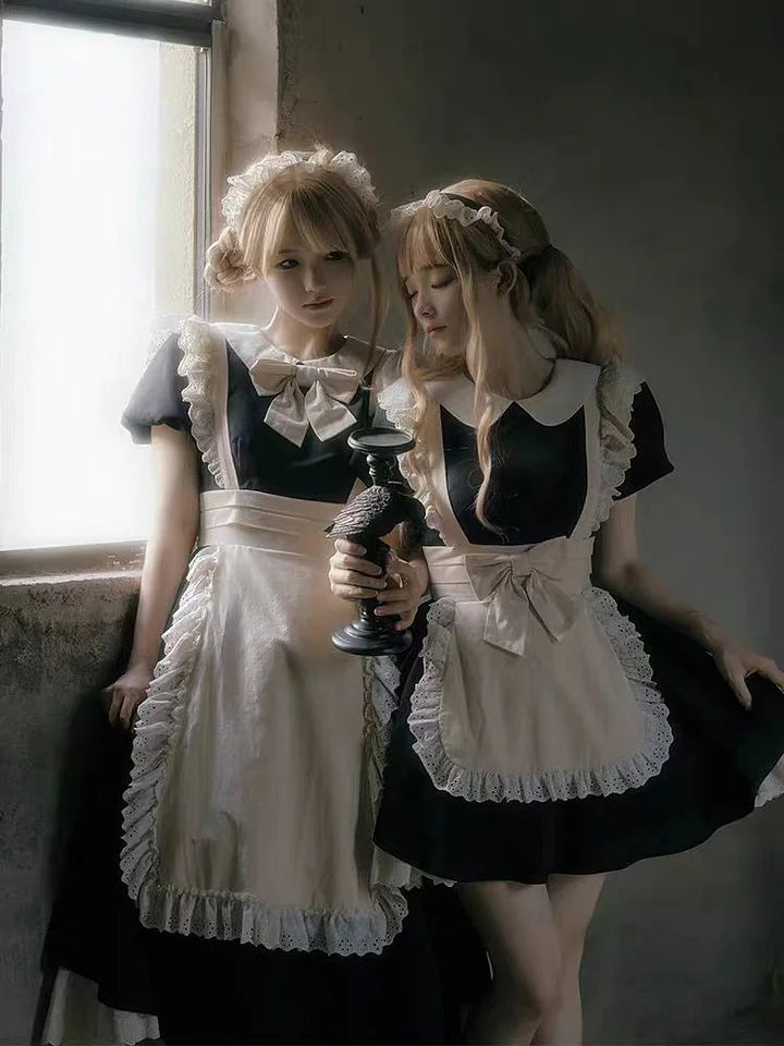 Classic Lolita Maid Black Pleated Bow Dresses with Apron