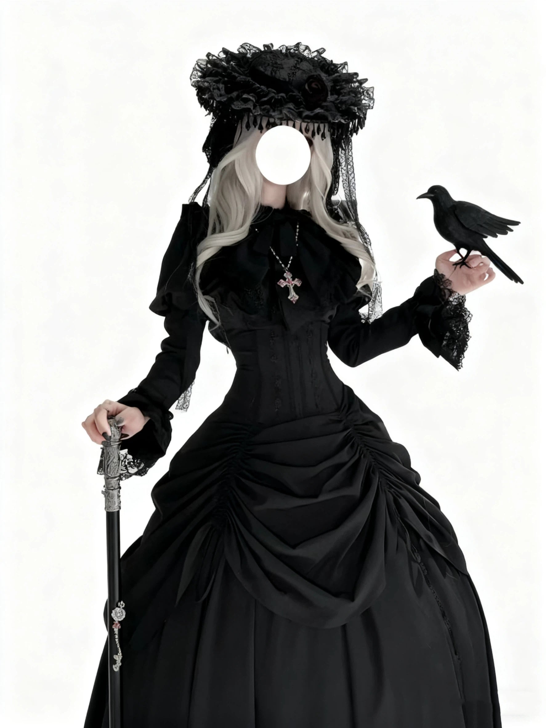 Goth Lolita Black Dark Witch Waist-Cinched Dress for Halloween Autumn