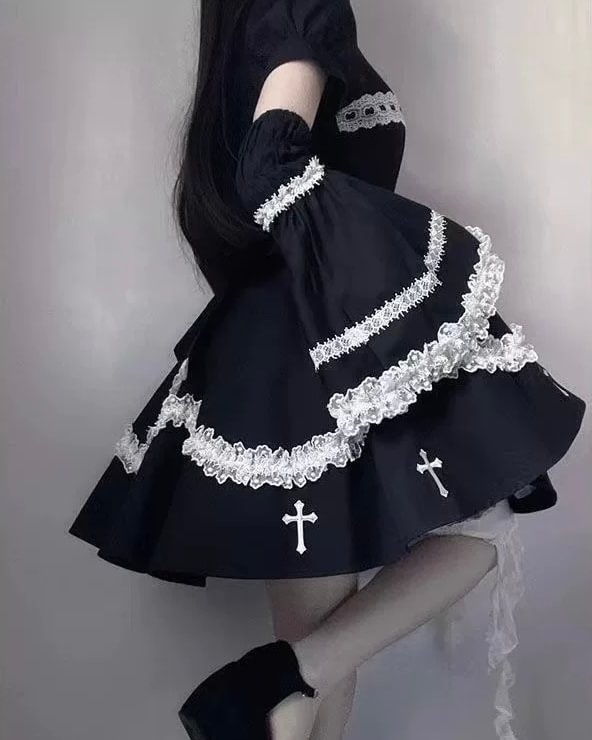 Goth Lolita Black Y2K Subculture Cross Hot Girl One Piece Short Dress For Halloween
