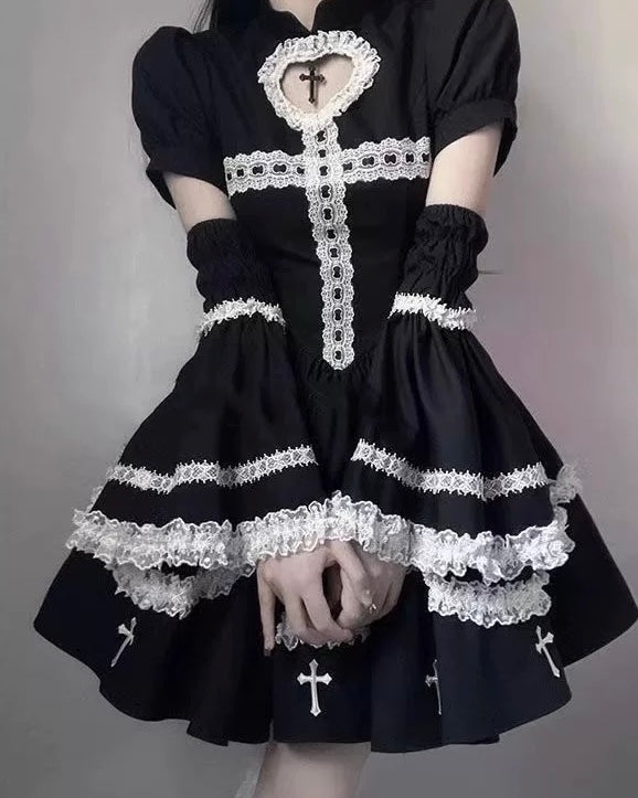 Goth Lolita Black Y2K Subculture Cross Hot Girl One Piece Short Dress For Halloween