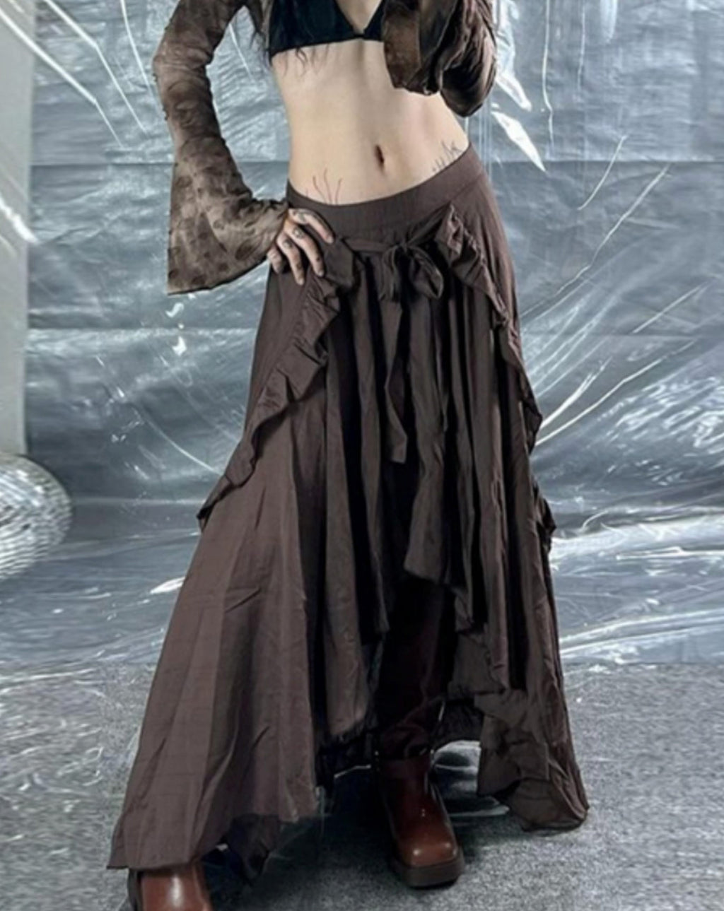 Goth Lolita Brown Victorian Retro Irregular Skirt Pleated Ruffle Pirate Skirt