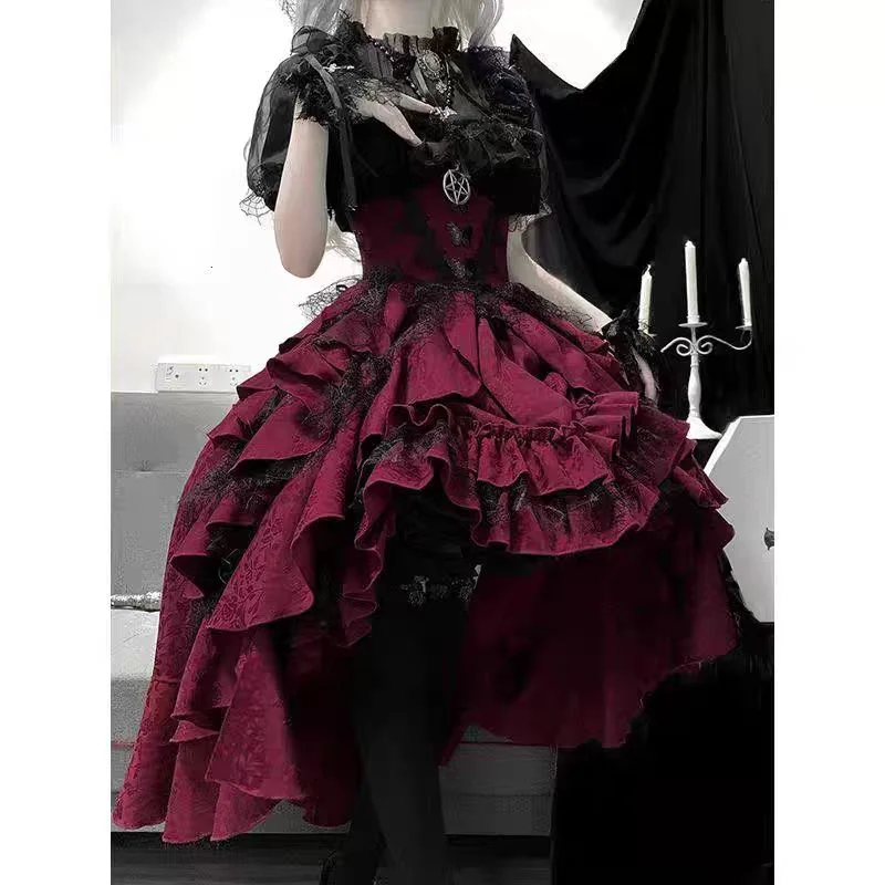 Goth Prom Lolita Black Red Ruffles Skirt Lace Dress for Halloween