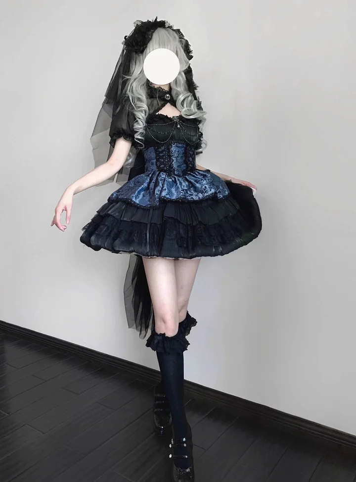 Gothic Lolita Ball Gown Cake Dress with Jacquard  Ruffles Jumper Skirt 2 Colors
