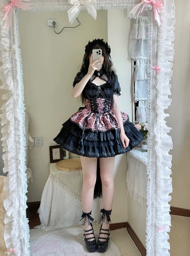 Gothic Lolita Ball Gown Cake Dress with Jacquard  Ruffles Jumper Skirt 2 Colors