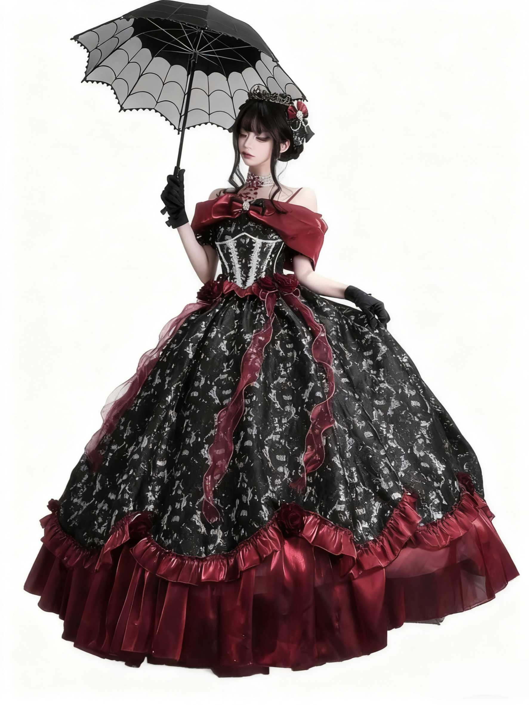 Gothic Lolita Ball Gown Prom Evening Dress Black Red Off Shoulder Ruffles for Party
