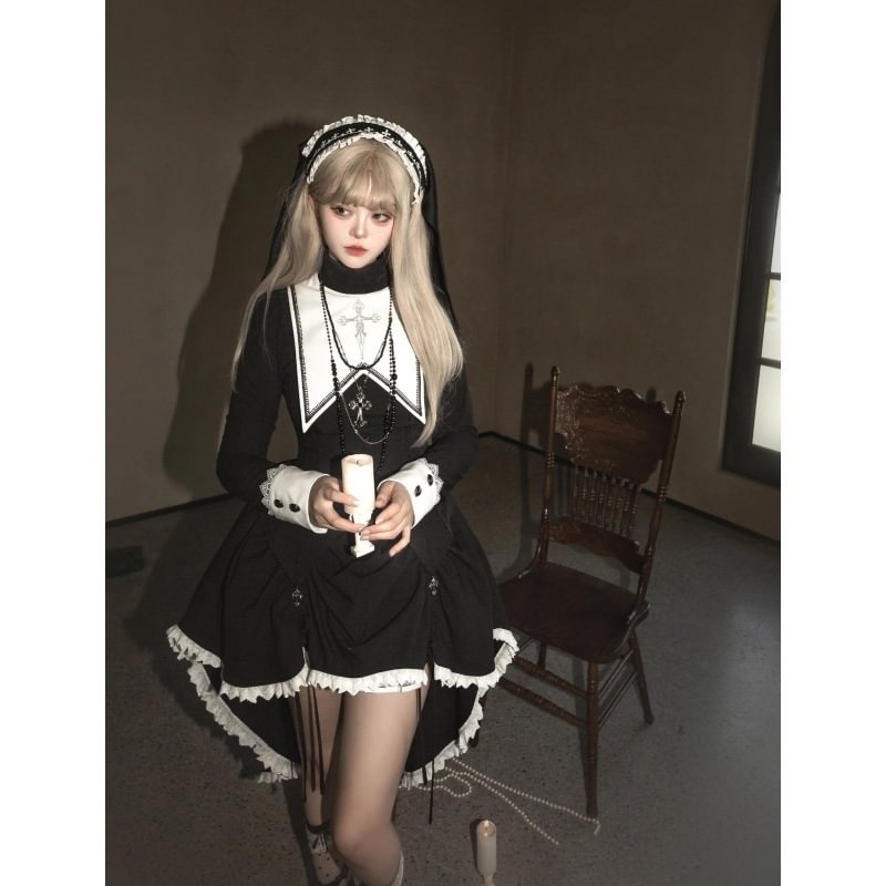 Gothic Lolita Black Printed Cross Tail Irregular Suit Dress for Halloween