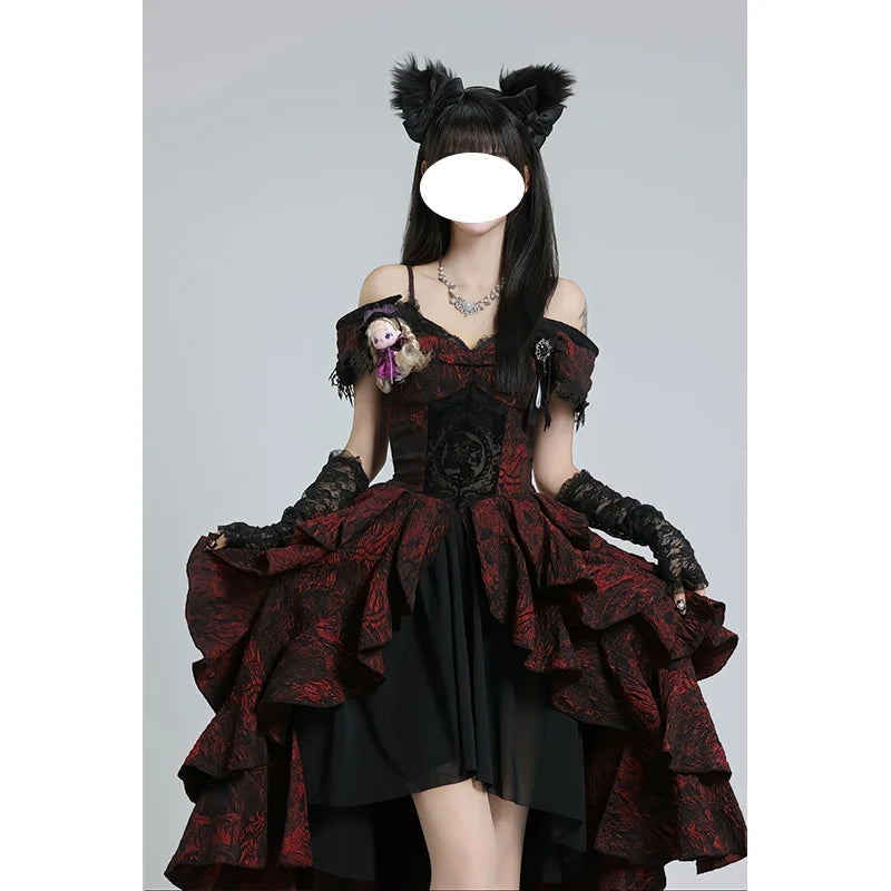 Gothic Prom Lolita Black and Red Jacquard Rose Pattern Bow Fluffy Princess