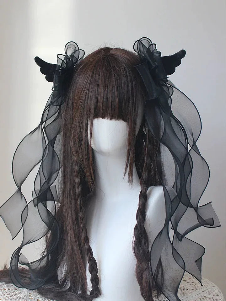 Hair Accessories Gothic Black Angel Wings Ribbon Bow Subculture Y2K Hairclip 2 Colors